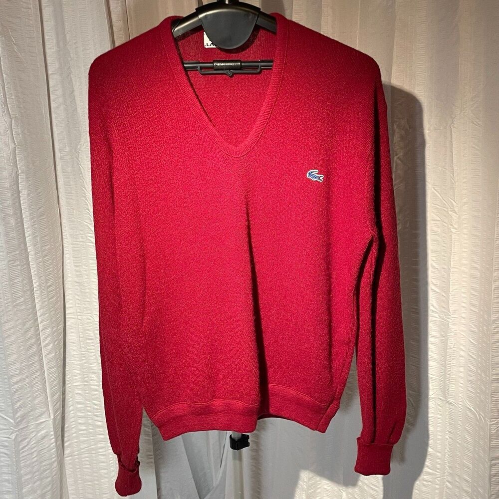 Vintage IZOD Lacoste Mens XL Red V-Neck Orlon Acrylic Blue Croc Sweater(a30-4)